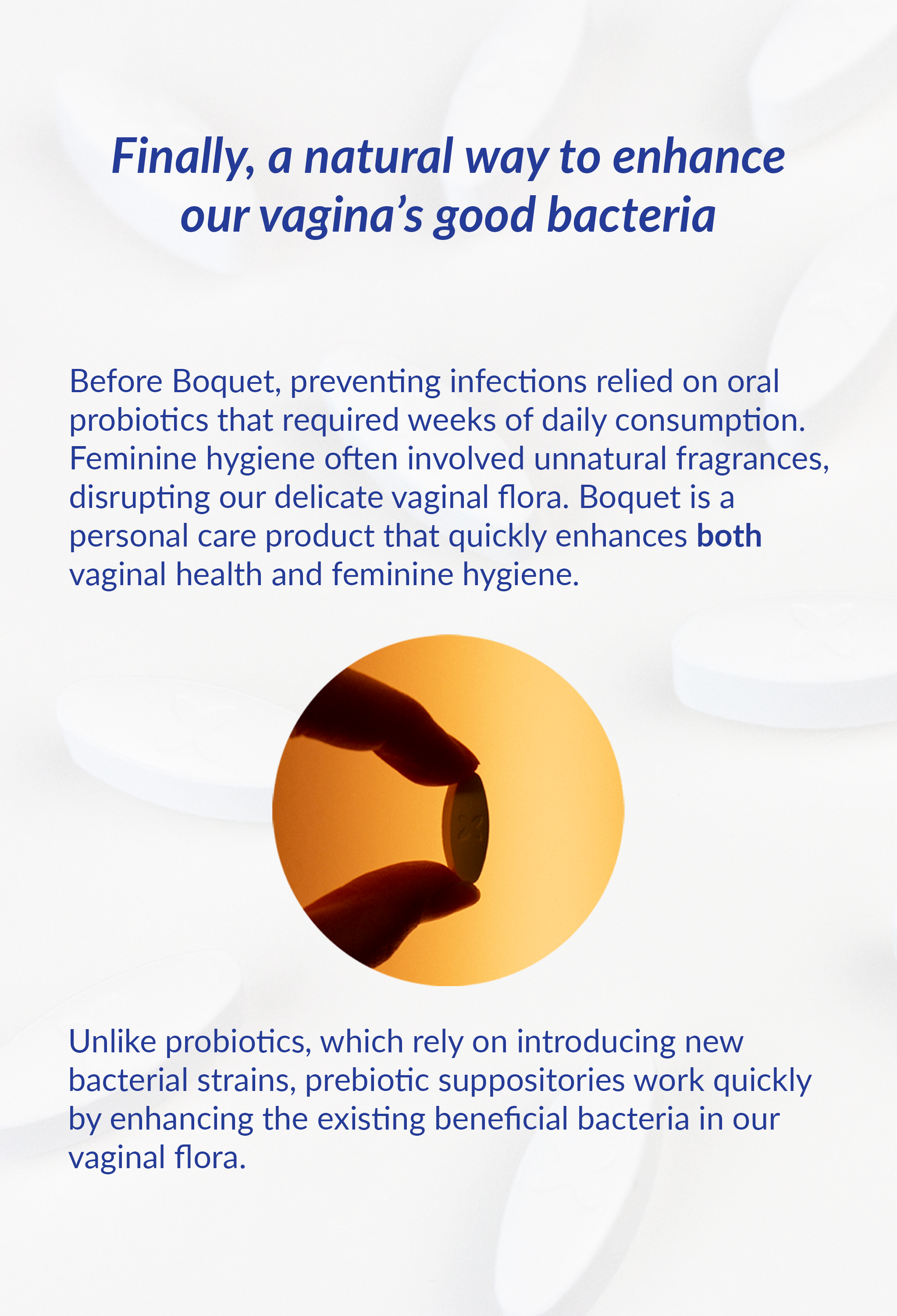 An image with our Boquet suppository as a white repeated background pattern, with the title: 