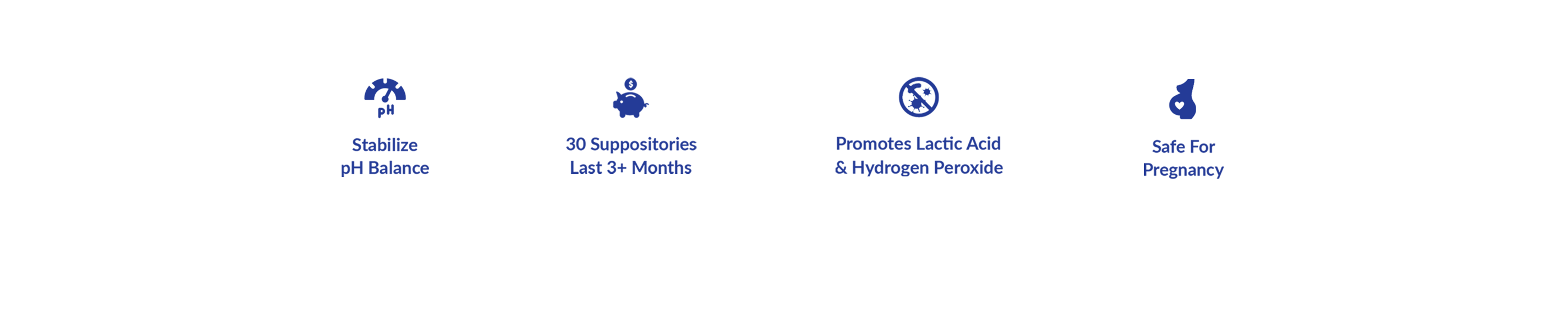 The icons for bullet points about Boquet. 1. Stablize pH Balance. 2. 30 Suppositories Last 3+ Months. 3. Promotes Lactic Acid & Hydrogen Peroxide. 4. Safe for Pregnancy.