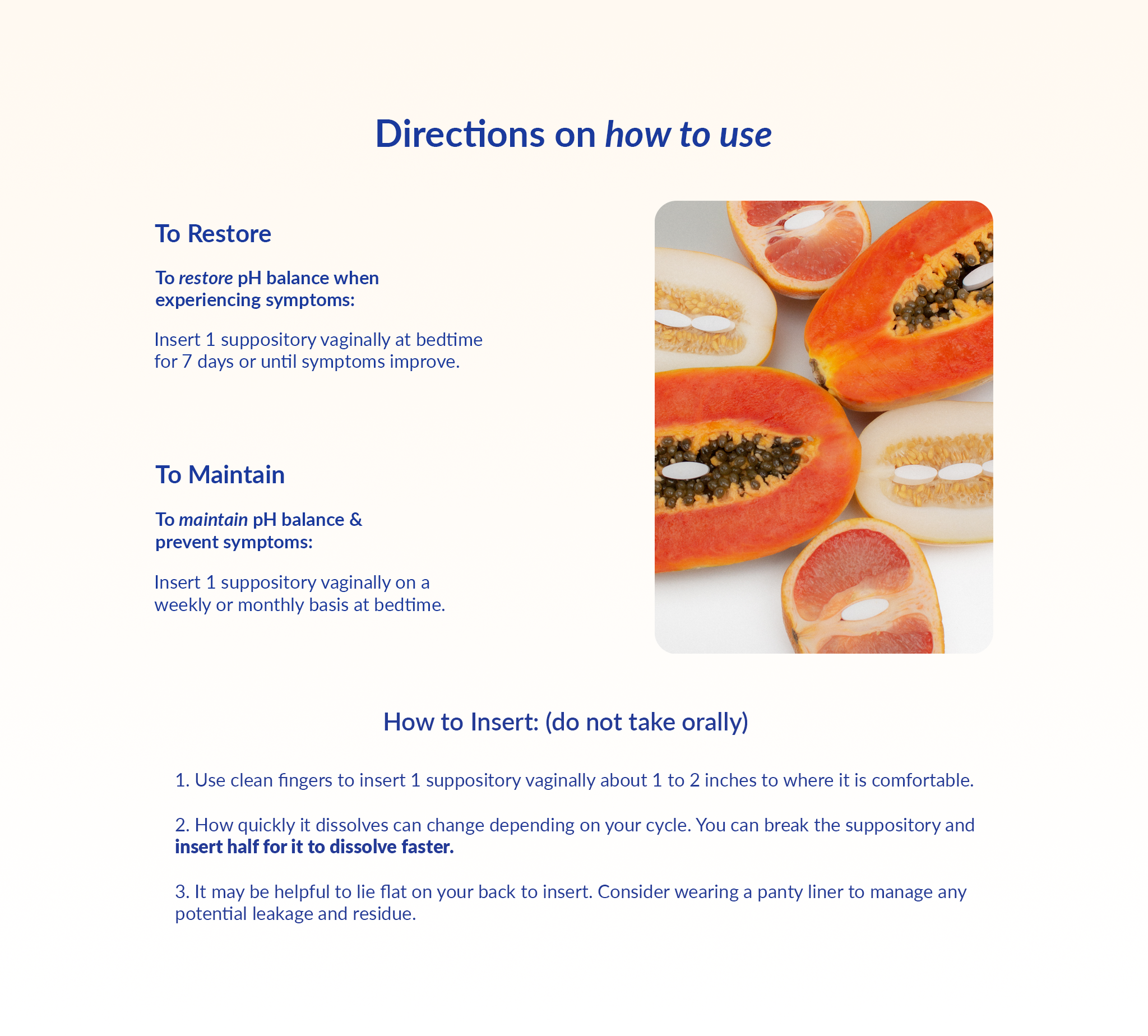 Melons and grapefruit cut in half, laying flat and open with Boquet white oval suppositories in the middle, like a metaphor for female genitals. The title: 