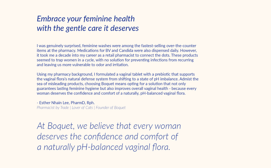 A beige background with blue text: "Embrace your feminine health with the gentle care it deserves." "At Boquet, we believe that every woman deserves the confidence and comfort of a naturally pH-balanced vaginal flora.